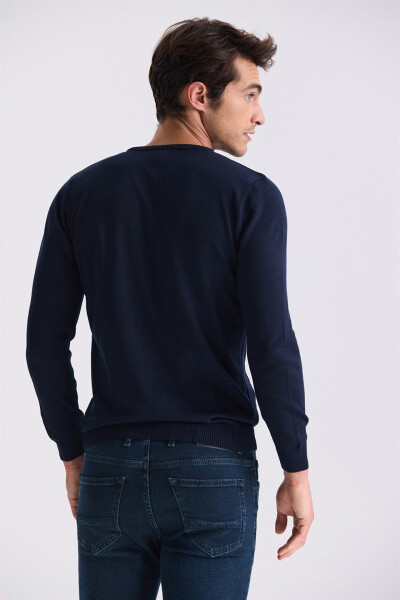 Indigo Slim Fit Crew Neck Patterned Knit Sweater - 4