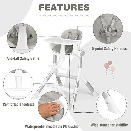 INFANS Bebek Yüksek Sandalyesi, Modern Dönüştürülebilir Tasarım Yüksek Sandalye, Alüminyum Yapı, 5 Farklı Yükseklik, Çıkarılabilir Tepsi, Çıkarılabilir PU Deri Yastık, Bebek ve Bebekler İçin Yemek Sandalyeleri - 46