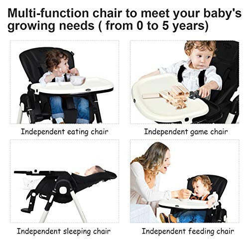 INFANS High Chair for Babies & Toddlers, Foldable Highchair with Multiple Adjustable Backrest, Footrest and Seat Height, Removable Tray, Detachable PU Leather Cushion, Built-in Rear Wheels (Black) - 48