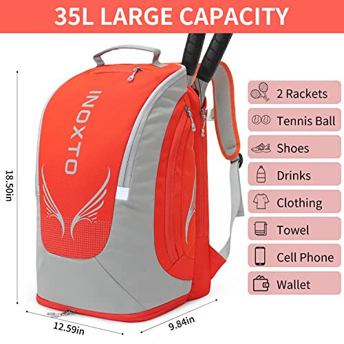 INOXTO 40L Tennis Bags for Women and Men Large Tennis Backpack Can Hold 2 Tennis Rackets, Waterproof and Breathable Pickleball Bag With Independent Shoe Storage for Tennis Badminton Travel Camping - 3