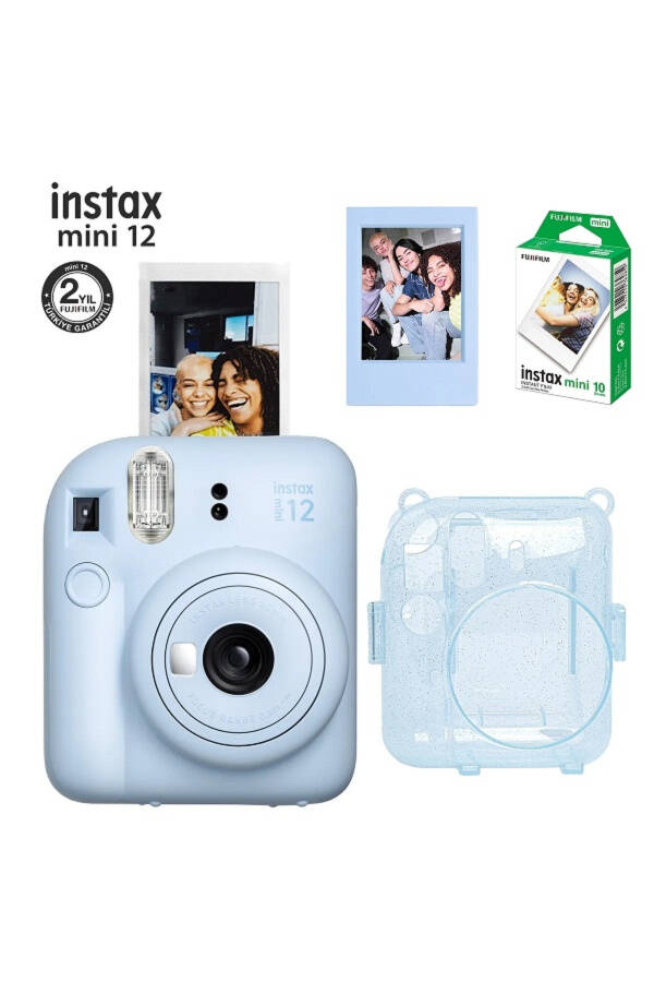 Instax Mini 12 Fotoğraf Makinesi - 10'lu Film - Simli Pleksi Kılıf Ve Mıknatıslı Çerçeve Seti 2 Mavi - 9