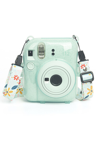 Instax mini 12 Green Camera - 10 Pack Film - Clip Stand - PVC Album and Glitter Plexiglass Case Set - 4