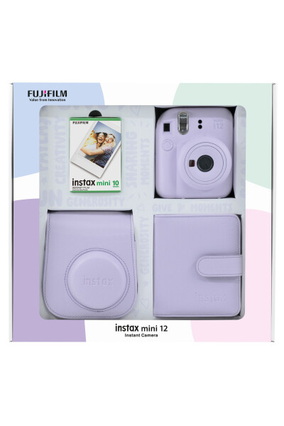 Instax mini 12 Lila Fotoğraf Makinesi 10'lu Film Kare Albüm ve Deri Kılıf Bundle Box - 1