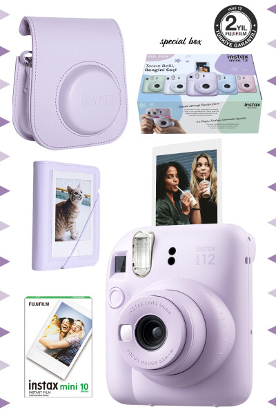 Instax mini 12 Lila Rangli Fotoapparat - 10 ta Film - Mini Albom va Teri Qopqoq To'plami - 1