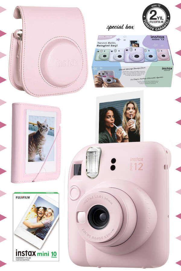 Instax mini 12 Pushti Rangdagi Fotoapparat-10 ta Film-Mini Albom va Teri Qopqoq To'plami - 1