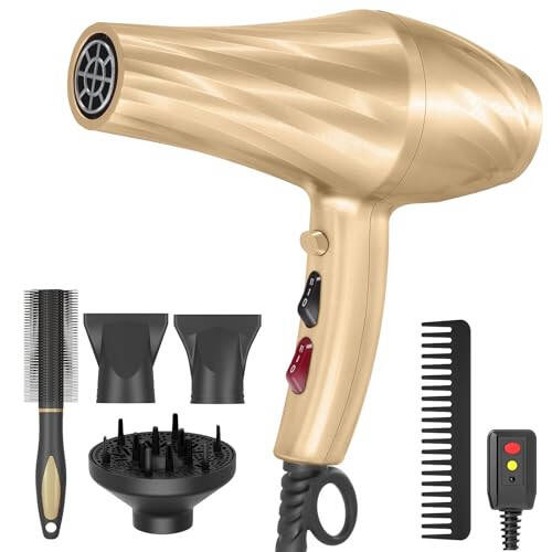 Ionic Hair Dryer,2400W Negative Ion Low Noise Hair Dryer Professional Fast Drying Hair Dryer with 2 Speeds, 3 Heat Settings, Cooling Button,with Diffuser for Curly and Straight Hair（Champagne Gold） - 1