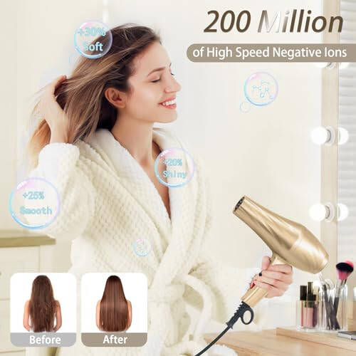 Ionic Hair Dryer,2400W Negative Ion Low Noise Hair Dryer Professional Fast Drying Hair Dryer with 2 Speeds, 3 Heat Settings, Cooling Button,with Diffuser for Curly and Straight Hair（Champagne Gold） - 3