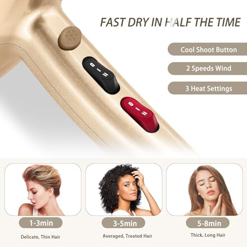 Ionic Hair Dryer,2400W Negative Ion Low Noise Hair Dryer Professional Fast Drying Hair Dryer with 2 Speeds, 3 Heat Settings, Cooling Button,with Diffuser for Curly and Straight Hair（Champagne Gold） - 4