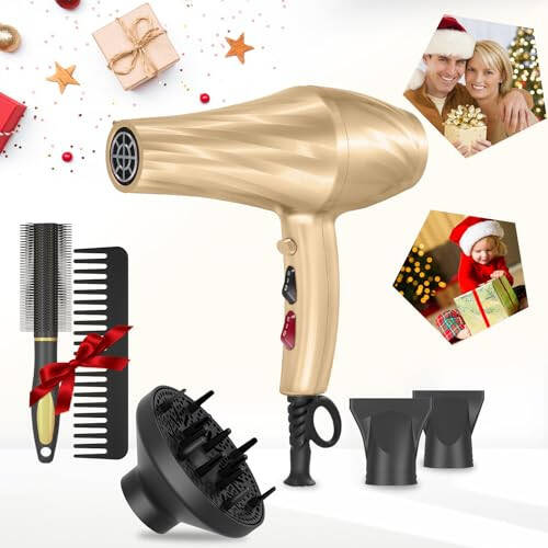 Ionic Hair Dryer,2400W Negative Ion Low Noise Hair Dryer Professional Fast Drying Hair Dryer with 2 Speeds, 3 Heat Settings, Cooling Button,with Diffuser for Curly and Straight Hair（Champagne Gold） - 7