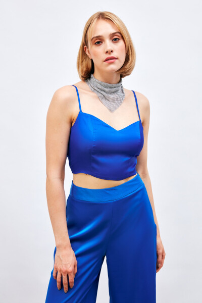 Ipli Saten Crop Bluz - SAX MAVİ - 9