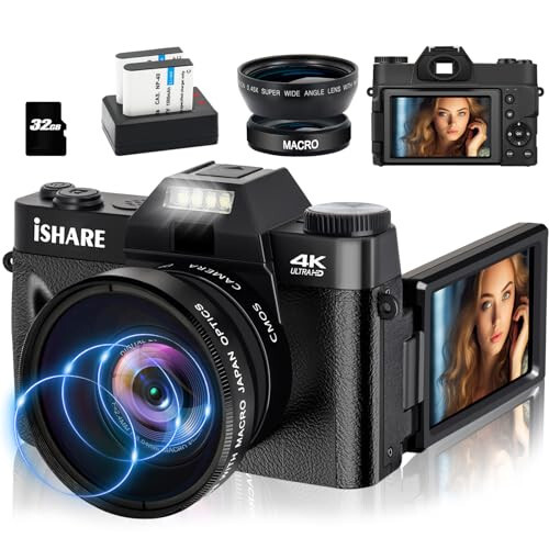 ISHARE Fotoğrafçılık İçin Dijital Kamera, 4K 56MP YouTube İçin Vlogging Kamerası, WiFi, 3 inç 180 Derece Döndürülebilir Ekran, 16 Kat Dijital Zoom, 52mm Geniş Açı & Makro Lens, 32GB TF Kart ve 2 Batarya - 1