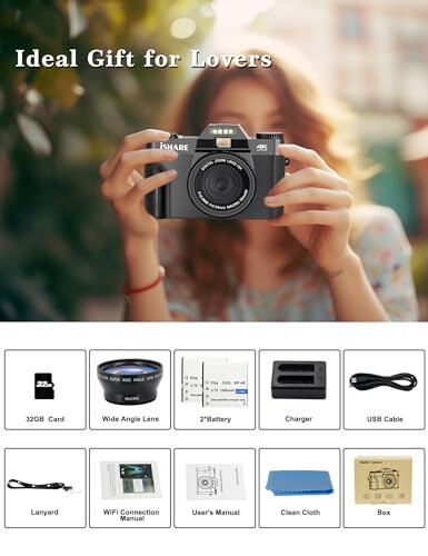 ISHARE Fotoğrafçılık İçin Dijital Kamera, 4K 56MP YouTube İçin Vlogging Kamerası, WiFi, 3 inç 180 Derece Döndürülebilir Ekran, 16 Kat Dijital Zoom, 52mm Geniş Açı & Makro Lens, 32GB TF Kart ve 2 Batarya - 7