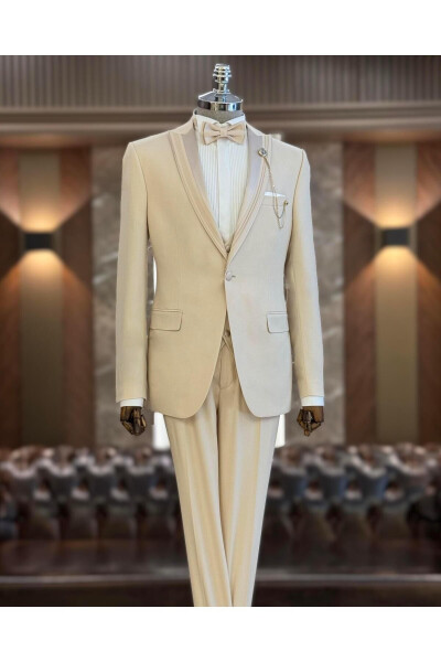 Italian Cut Slim Fit Suit Jacket Vest Pants Groom Set Beige T11822 - 16