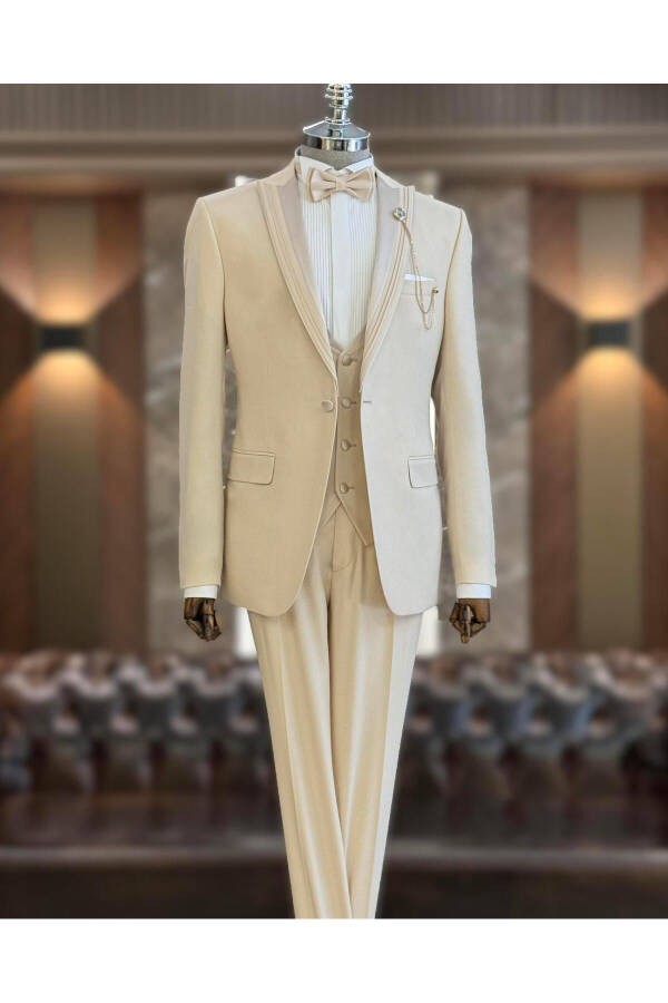 Italian Cut Slim Fit Suit Jacket Vest Pants Groom Set Beige T11822 - 17