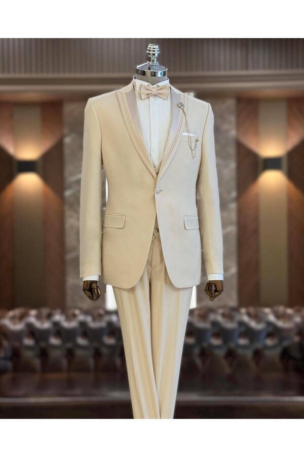 Italian Cut Slim Fit Suit Jacket Vest Pants Groom Set Beige T11822 - 6