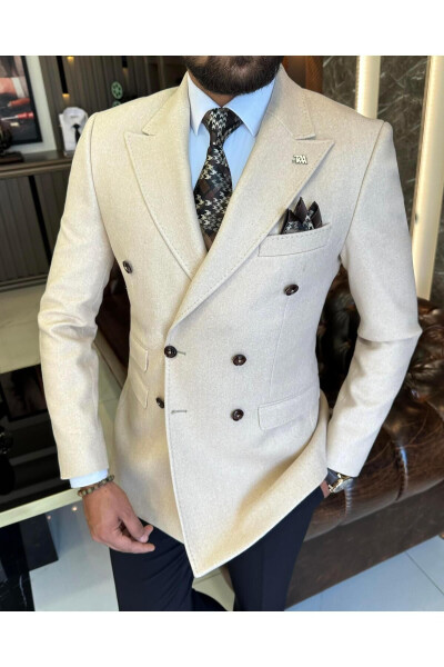 Italian Style Slim Fit Double Breasted Wool Men's Jacket Beige T10297 - 9