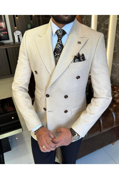 Italian Style Slim Fit Double Breasted Wool Men's Jacket Beige T10297 - 10