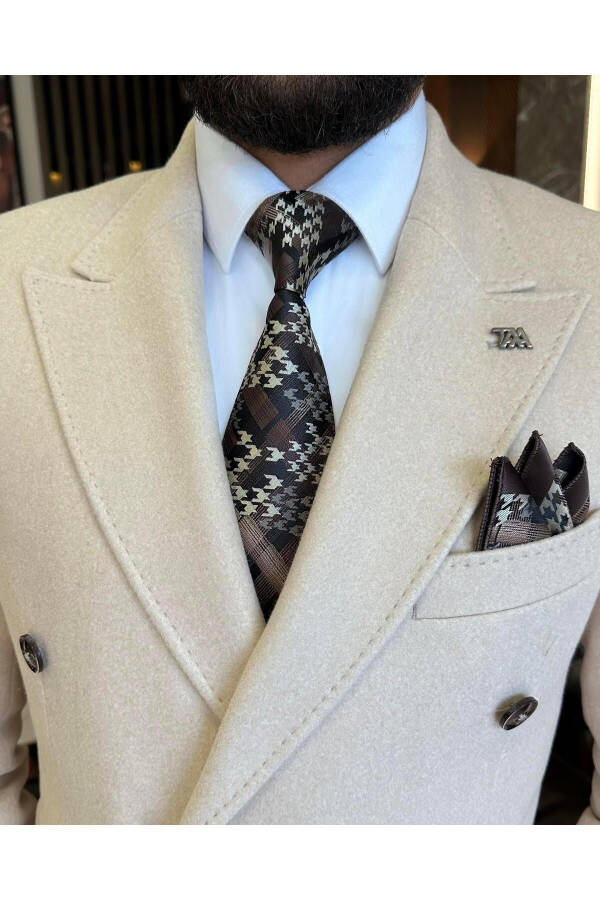 Italian Style Slim Fit Double Breasted Wool Men's Jacket Beige T10297 - 12