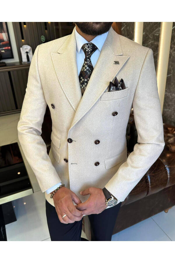 Italian Style Slim Fit Double Breasted Wool Men's Jacket Beige T10297 - 2