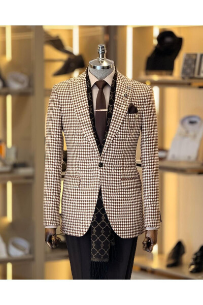 Italian Style Slim Fit Herringbone Pattern Men's Jacket Brown T11501 - 9