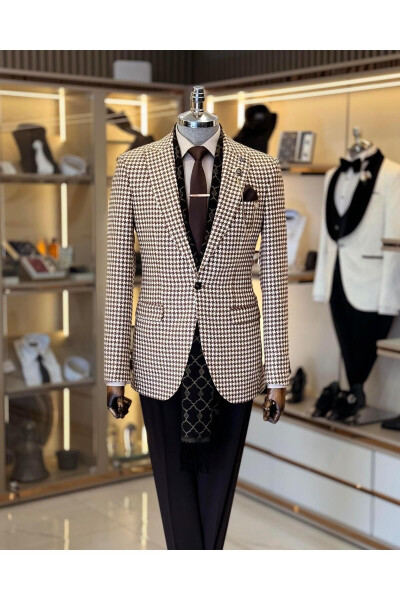 Italian Style Slim Fit Herringbone Pattern Men's Jacket Brown T11501 - 11