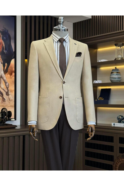 Italian Style Slim Fit Single Breasted Pocket Men's Blazer Beige T11508 - 7