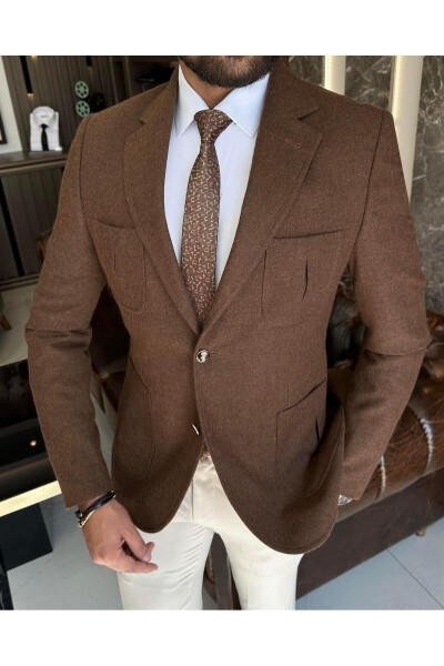 Italian Style Slim Fit Wool Blend Single Breasted Men's Blazer Brown T9877 - 11