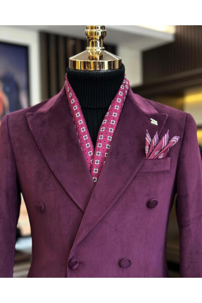 Italian Style Velvet Double Breasted Men's Blazer Burgundy T11038 - 14