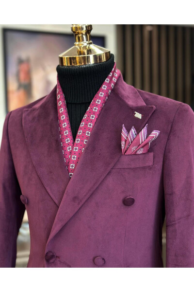 Italian Style Velvet Double Breasted Men's Blazer Burgundy T11038 - 16