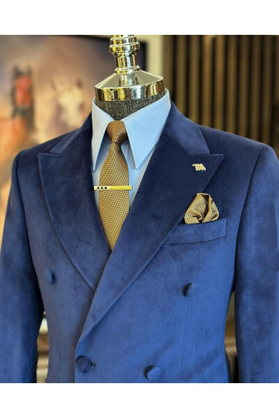 Italian Style Velvet Double-Breasted Men's Single Jacket Blue T11037 - 16