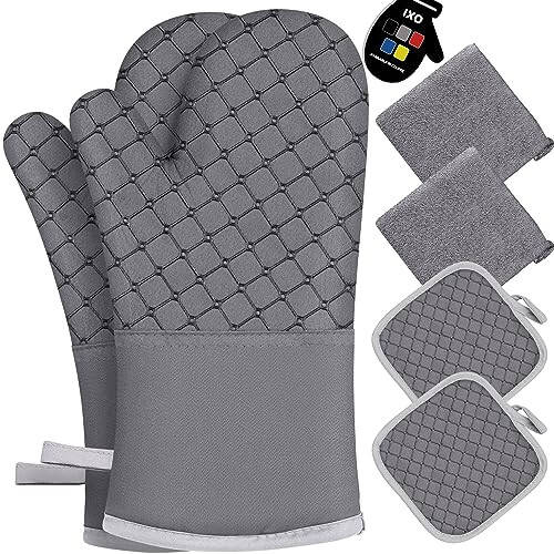 IXO 6Pcs Oven Mitts and Pot Holders, 500℉ Heat Resistant Oven Mitts with Kitchen Towels Soft Cotton Lining and Non-Slip Silicone Surface Safe for Baking, Cooking, BBQ (Grey) - 1