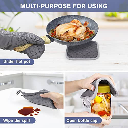 IXO 6Pcs Oven Mitts and Pot Holders, 500℉ Heat Resistant Oven Mitts with Kitchen Towels Soft Cotton Lining and Non-Slip Silicone Surface Safe for Baking, Cooking, BBQ (Grey) - 5