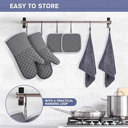 IXO 6Pcs Oven Mitts and Pot Holders, 500℉ Heat Resistant Oven Mitts with Kitchen Towels Soft Cotton Lining and Non-Slip Silicone Surface Safe for Baking, Cooking, BBQ (Grey) - 6