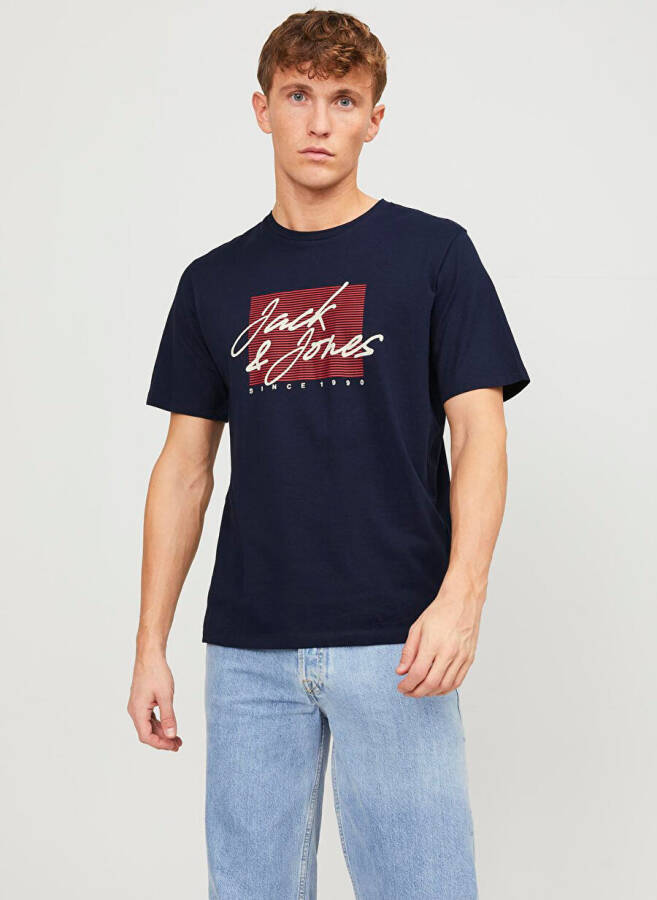 Jack & Jones Bisiklet Yaka Lacivert Erkek T-Shirt JJZURI TEE SS CREW NECK LN - 1