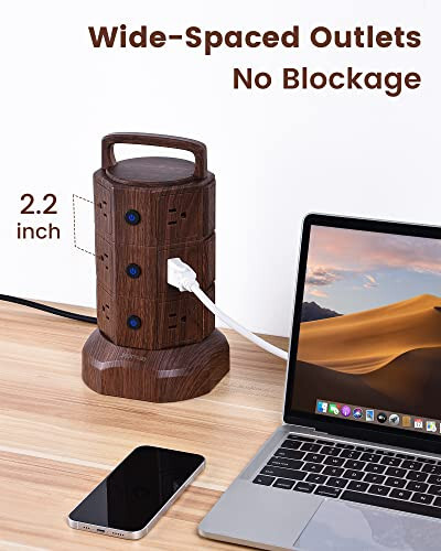 JACKYLED Güç Şeridi Kule Anında Akım Korumalı, 6.5ft Uzatma Kablosu, 6 USB Bağlantı Noktası ve 12 AC Priz, Ev Ofis Yurt Masaüstü Bilgisayar İçin Elektrik Şarj İstasyonu, Ceviz ve Siyah - 12