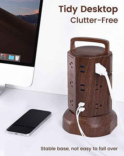 JACKYLED Güç Şeridi Kule Anında Akım Korumalı, 6.5ft Uzatma Kablosu, 6 USB Bağlantı Noktası ve 12 AC Priz, Ev Ofis Yurt Masaüstü Bilgisayar İçin Elektrik Şarj İstasyonu, Ceviz ve Siyah - 13