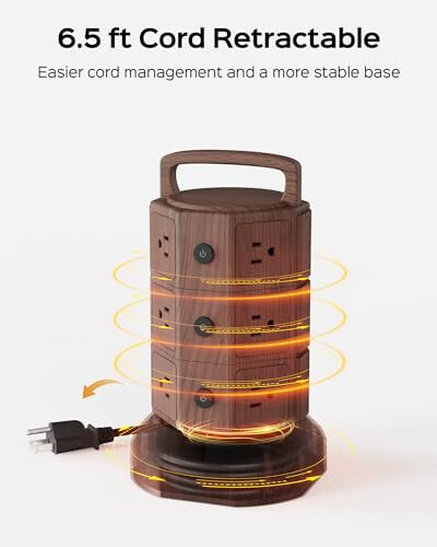 JACKYLED Güç Şeridi Kule Anında Akım Korumalı, 6.5ft Uzatma Kablosu, 6 USB Bağlantı Noktası ve 12 AC Priz, Ev Ofis Yurt Masaüstü Bilgisayar İçin Elektrik Şarj İstasyonu, Ceviz ve Siyah - 3