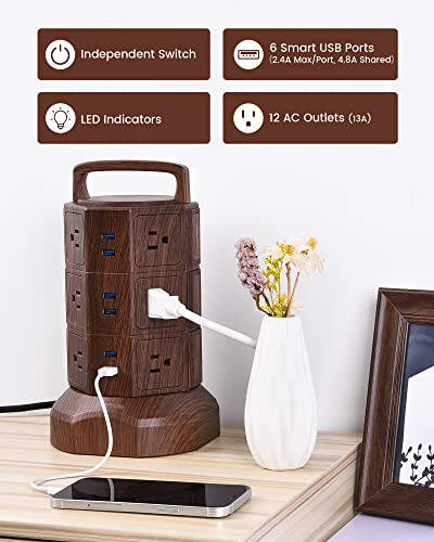 JACKYLED Power Strip Tower Surge Protector с 6,5-футовым удлинителем, 6 USB-портами и 12 розетками переменного тока, электрическая зарядная станция для дома, офиса, общежития, настольного компьютера, орех и черный - 10