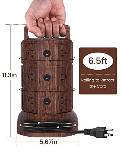 JACKYLED Power Strip Tower Surge Protector с 6,5-футовым удлинителем, 6 USB-портами и 12 розетками переменного тока, электрическая зарядная станция для дома, офиса, общежития, настольного компьютера, орех и черный - 11