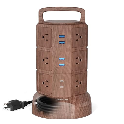 JACKYLED Power Strip Tower Surge Protector с 6,5-футовым удлинителем, 6 USB-портами и 12 розетками переменного тока, электрическая зарядная станция для дома, офиса, общежития, настольного компьютера, орех и черный - 1