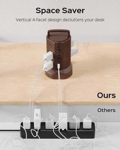 JACKYLED Power Strip Tower Surge Protector с 6,5-футовым удлинителем, 6 USB-портами и 12 розетками переменного тока, электрическая зарядная станция для дома, офиса, общежития, настольного компьютера, орех и черный - 5