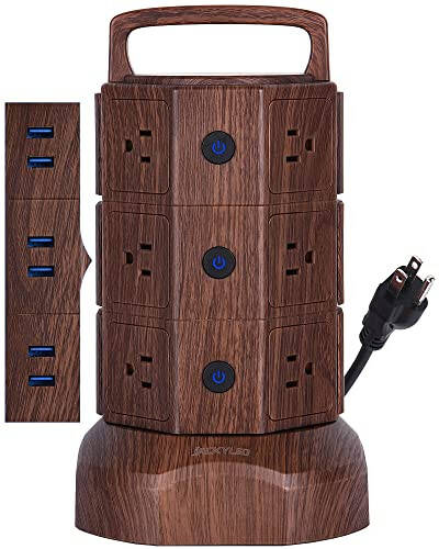 JACKYLED Power Strip Tower Surge Protector with 6.5ft Extension Cord 6 USB Ports and 12 AC Outlets Electric Charging Station for Home Office Dorm Desktop Computer Walnut and Black - 8