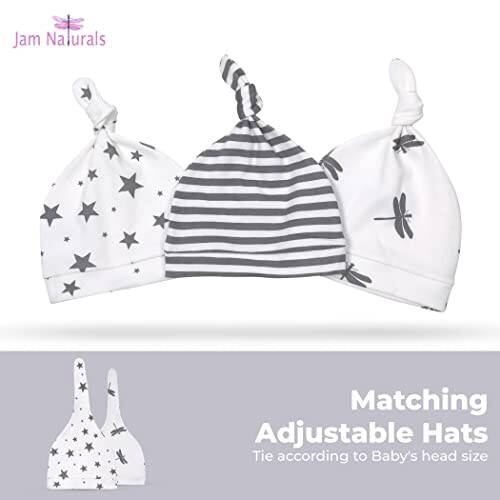 Jam Naturals - Organic Knotted Tie Bottom Adjustable Velcro Swaddle and Hat Set of 3, Newborn sleep sack (0-3m, 7-14lbs Grey) - 35