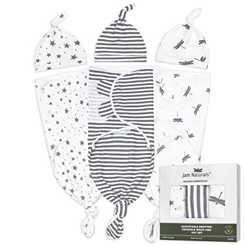 Jam Naturals - Organic Knotted Tie Bottom Adjustable Velcro Swaddle and Hat Set of 3, Newborn sleep sack (0-3m, 7-14lbs Grey) - 25