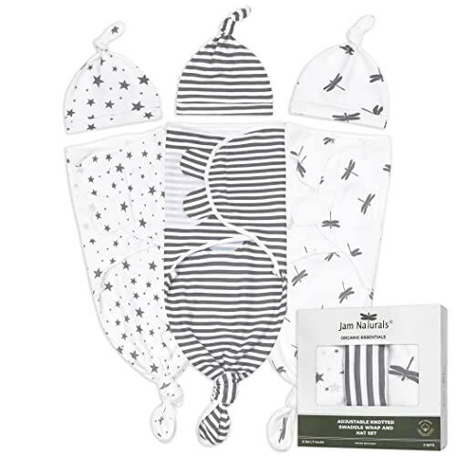 Jam Naturals - Organic Knotted Tie Bottom Adjustable Velcro Swaddle and Hat Set of 3, Newborn sleep sack (0-3m, 7-14lbs Grey) - 19