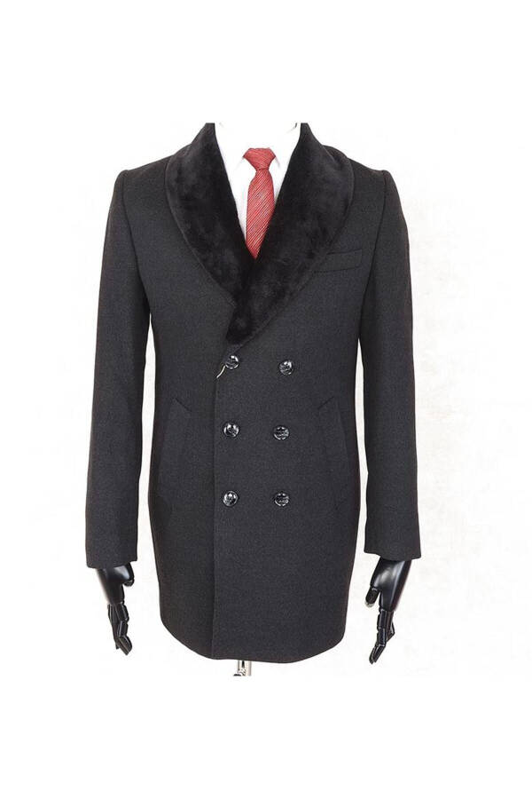 Jancarlucci Men's Double-Breasted Slim Fit Charcoal Removable Fur Collar Detailed Peacoat - 1