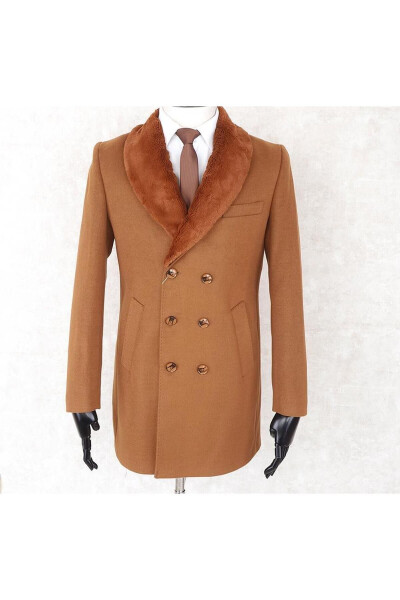 Jancarlucci Men's Double-Breasted Slim Fit Cinnamon Removable Fur Collar Detail Cashmere Coat - 1