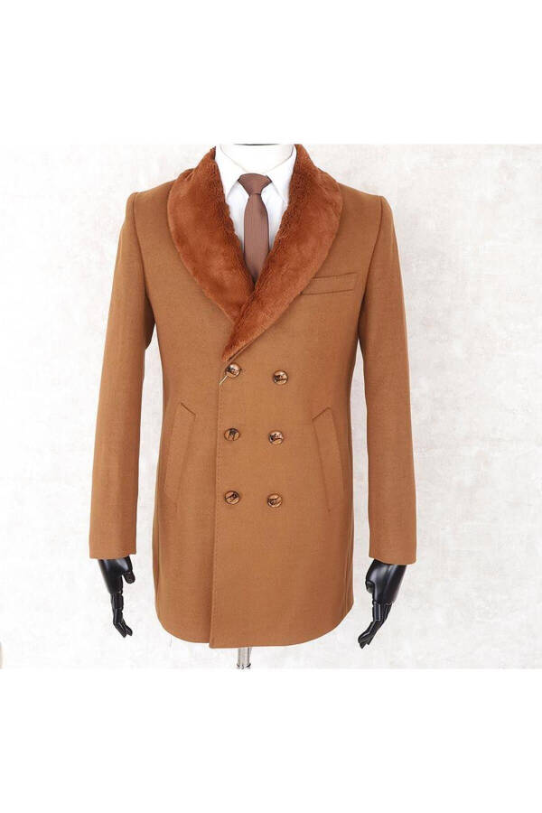 Jancarlucci Men's Double-Breasted Slim Fit Cinnamon Removable Fur Collar Detail Cashmere Coat - 1