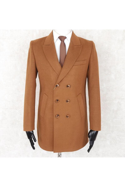 Jancarlucci Men's Double-Breasted Slim Fit Cinnamon Removable Fur Collar Detail Cashmere Coat - 2