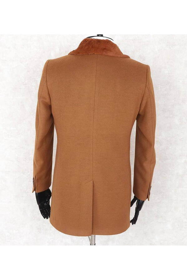 Jancarlucci Men's Double-Breasted Slim Fit Cinnamon Removable Fur Collar Detail Cashmere Coat - 4